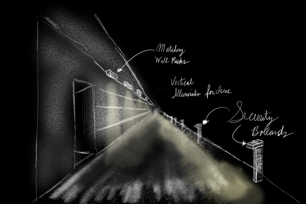 sketch showing matching wall packs and security bollards
